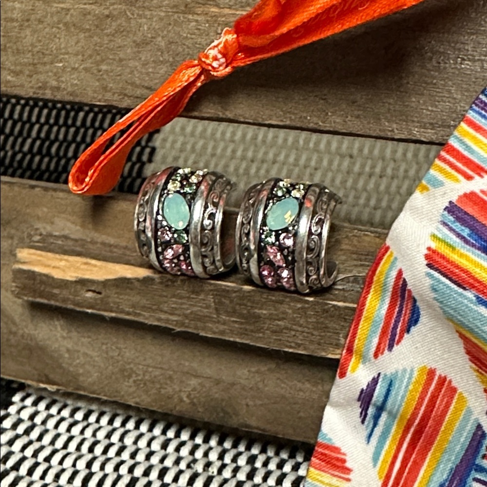 Brighton great shape Crystal Voyage rare multi color pink green huggie earrings - Picture 2 of 5